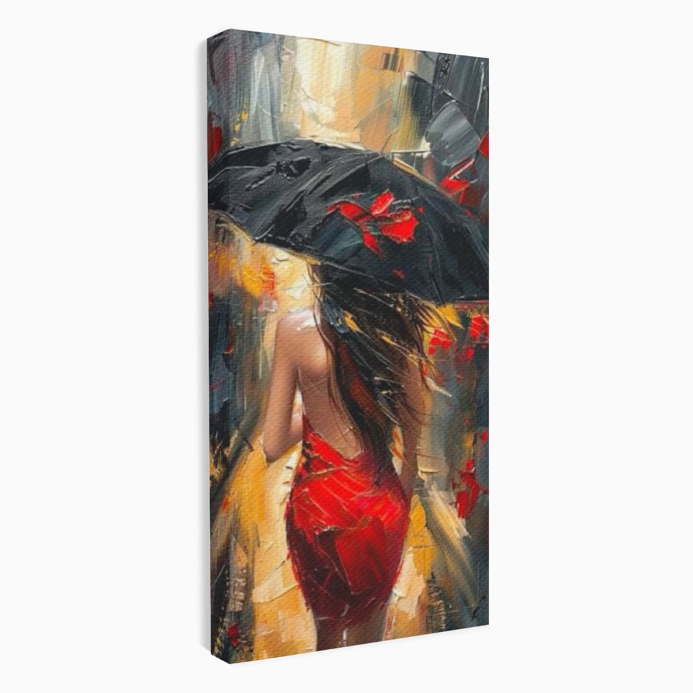 Tablou canvas cu pictura cu femeie si umbrela rosie, fara rama, pe sasiu de lemn